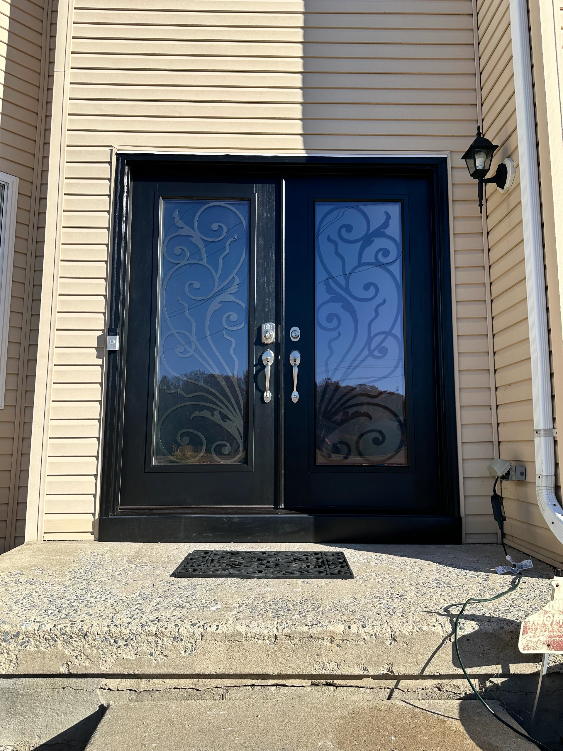 Black double doors with simple iron detail